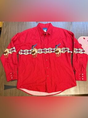 Wrangler Red Western Rodeo Bull Rider Button-Up Shirt Pearl Snap Aztec